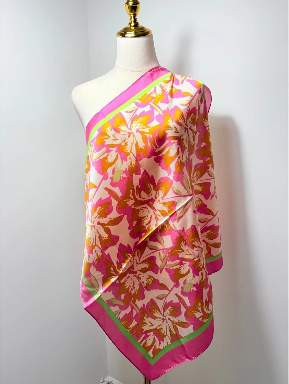 Vintage Floral Scarf Pink Orange Green Square Neck Wrap
